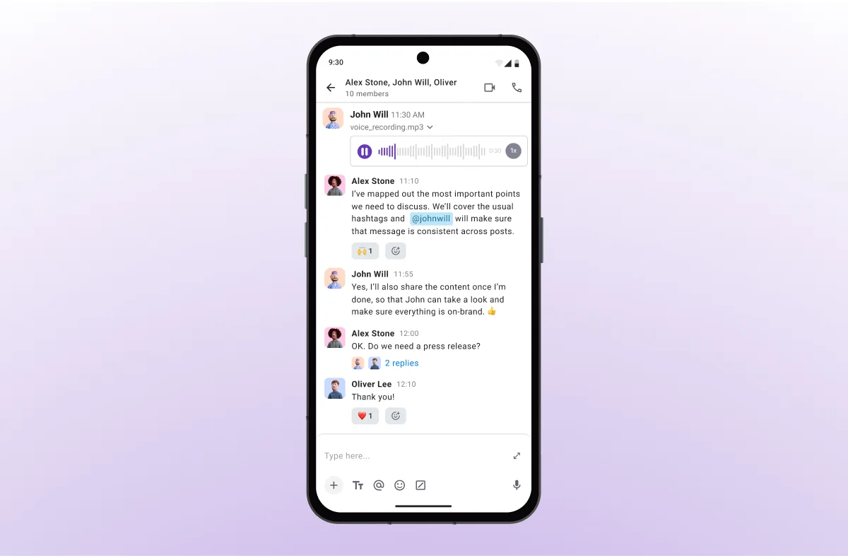 Voice messages, emoji reactions, and threads in Pumble on mobile