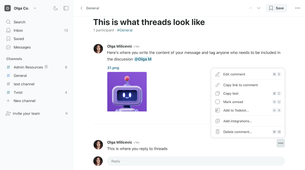 A thread in the #general channel in Twist
