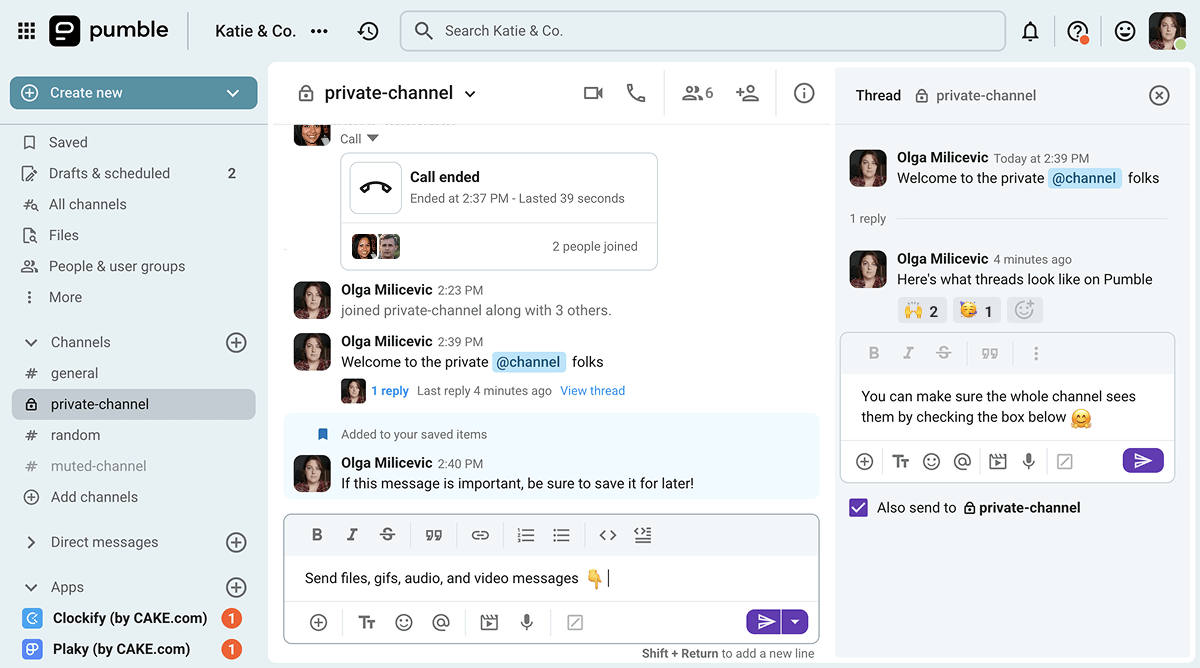 Channels and threads in Pumble, the team communication app