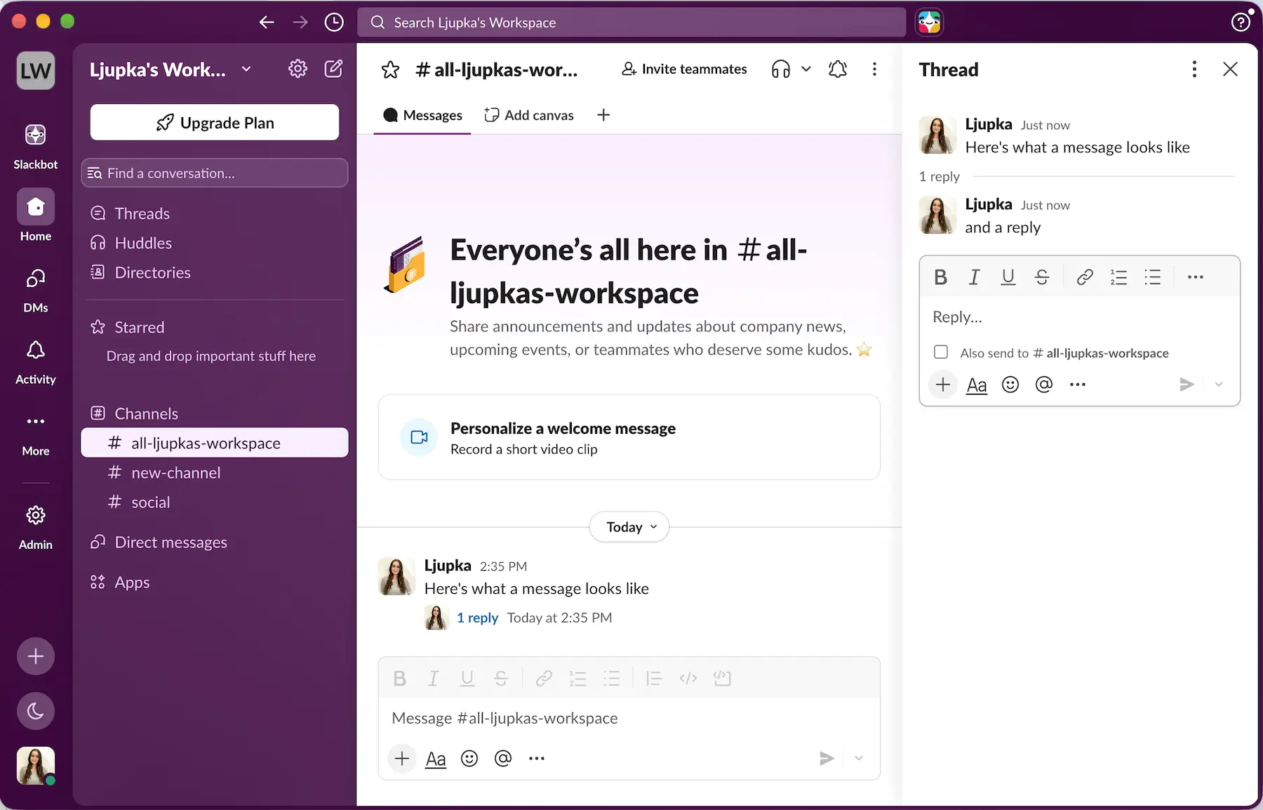 Mensagens e threads no Slack
