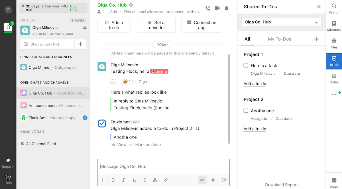Messages and to-dos in Flock