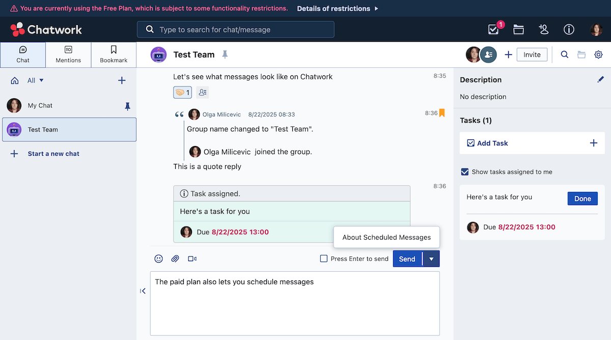 Messages, replies, and tasks in Chatwork