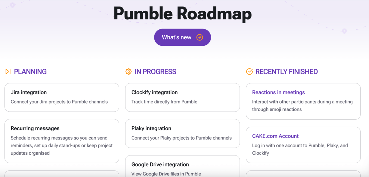 Pumble’s publicly available roadmap