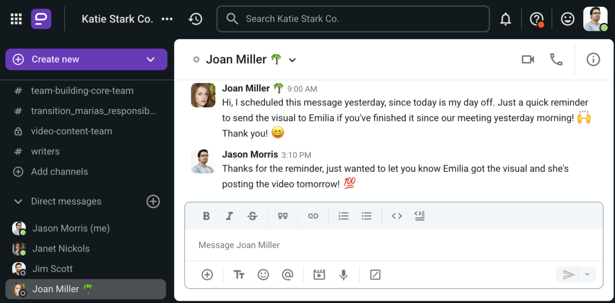 Asynchronous communication through scheduled messages in Pumble, a team communication app
