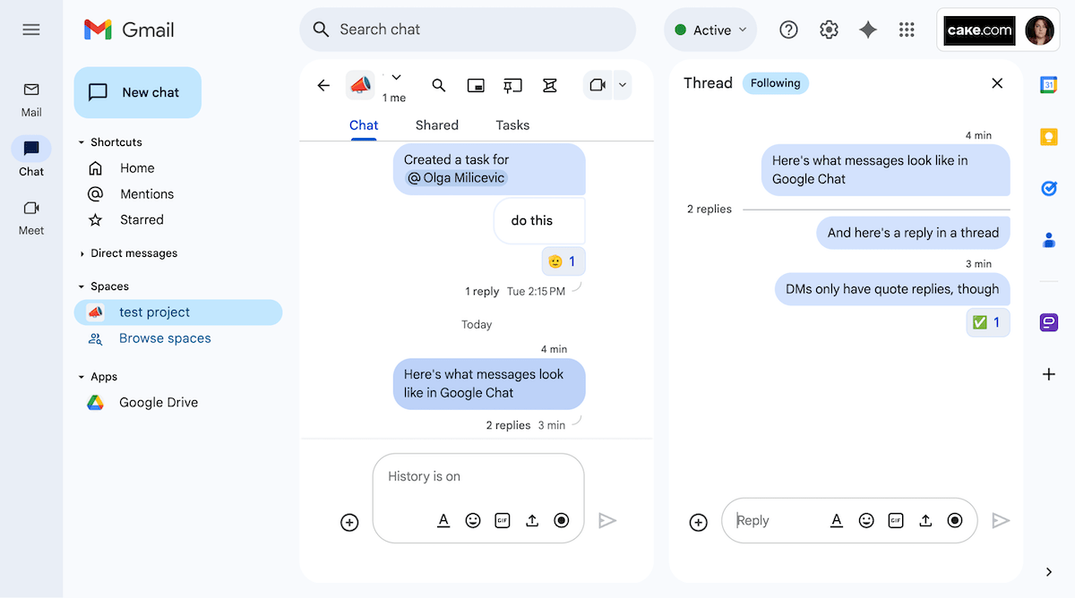 Spaces and replies in threads in Google Chat