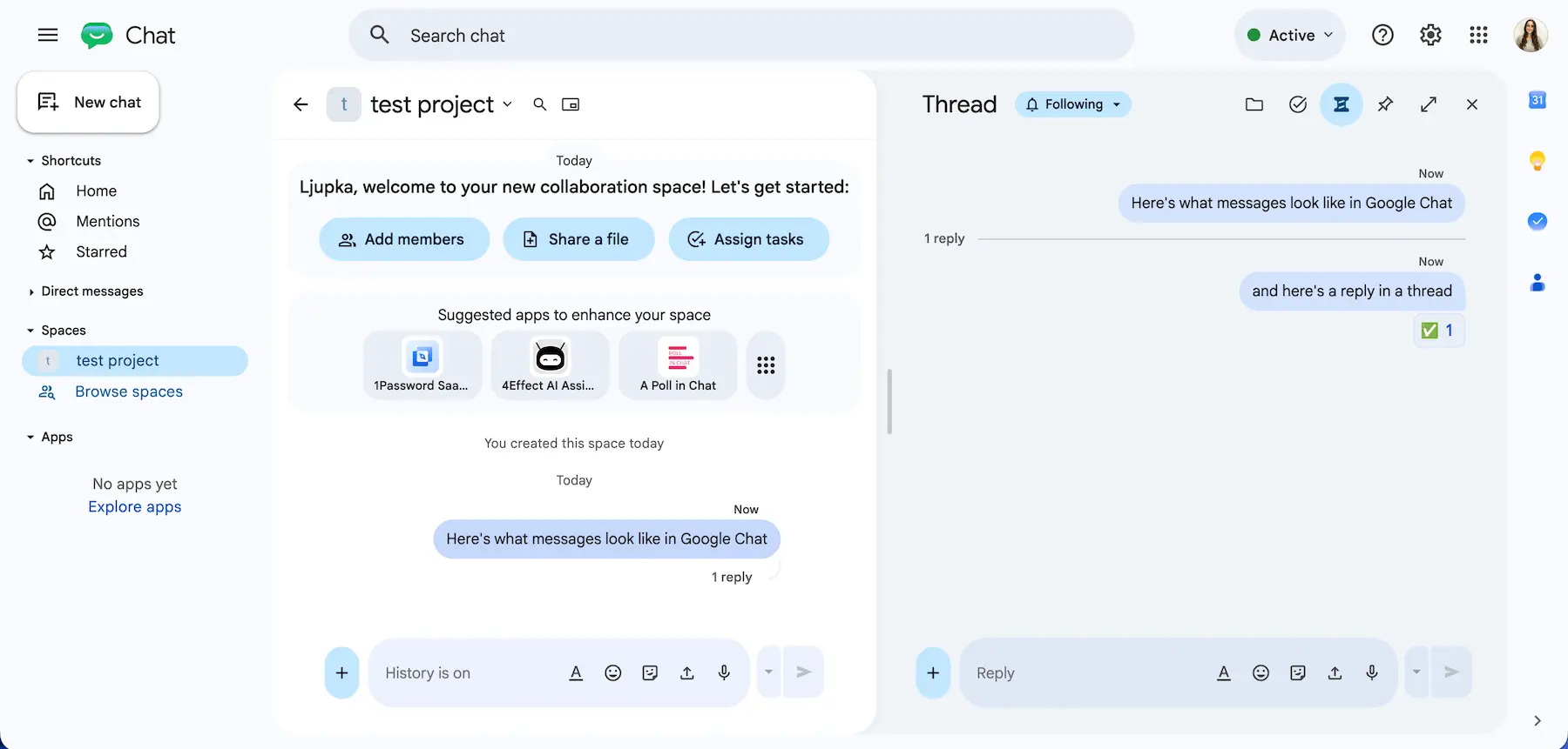 Espaços e respostas em threads no Google Chat