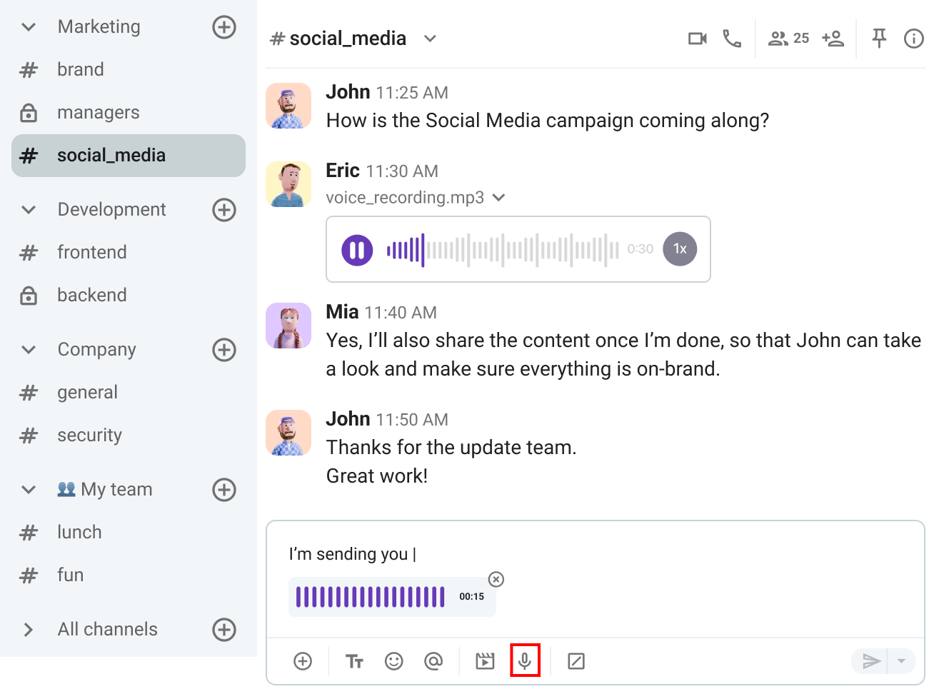 Recording and sending a voice message in Pumble is just a few clicks away