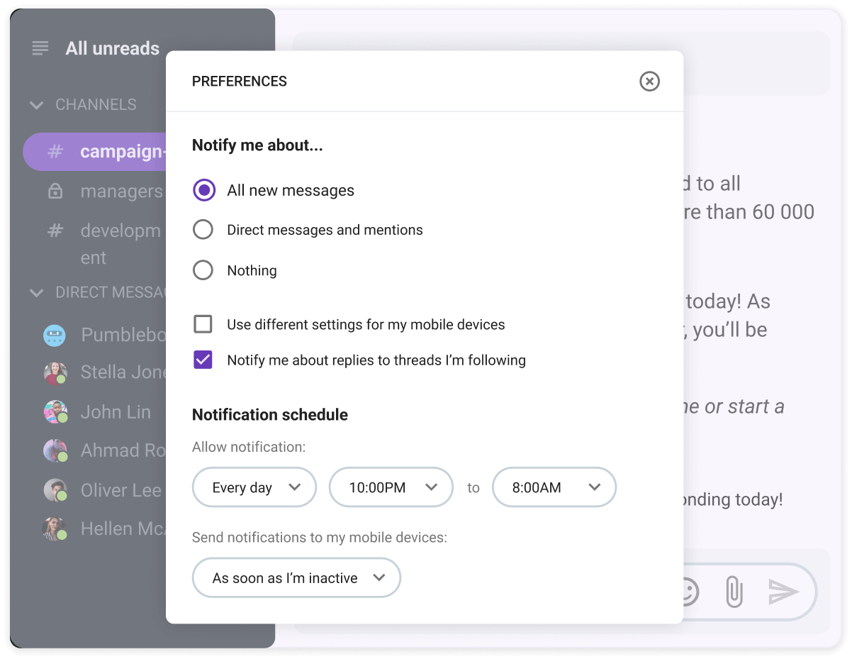 notification preferences in pumble