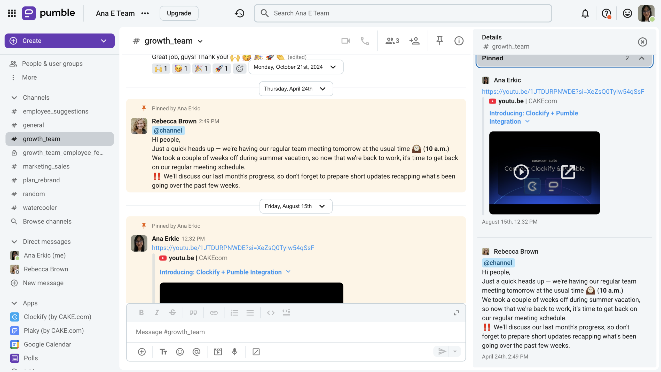 Pinning messages in a Pumble channel