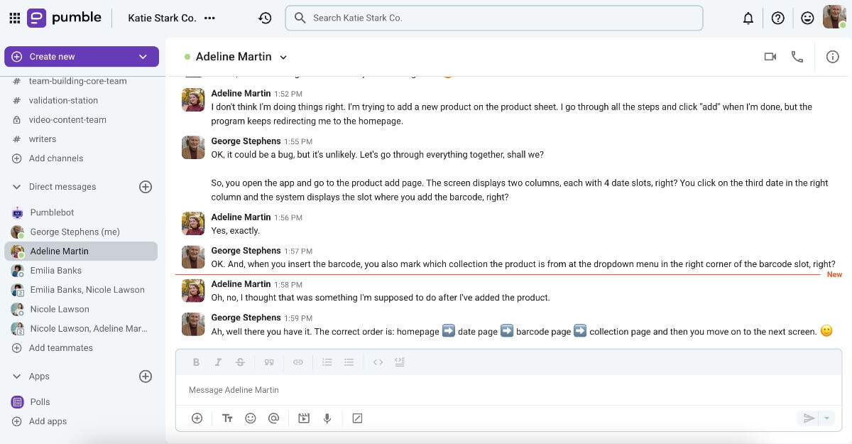 An example of coherence in communication shown on Pumble, a business messaging app
