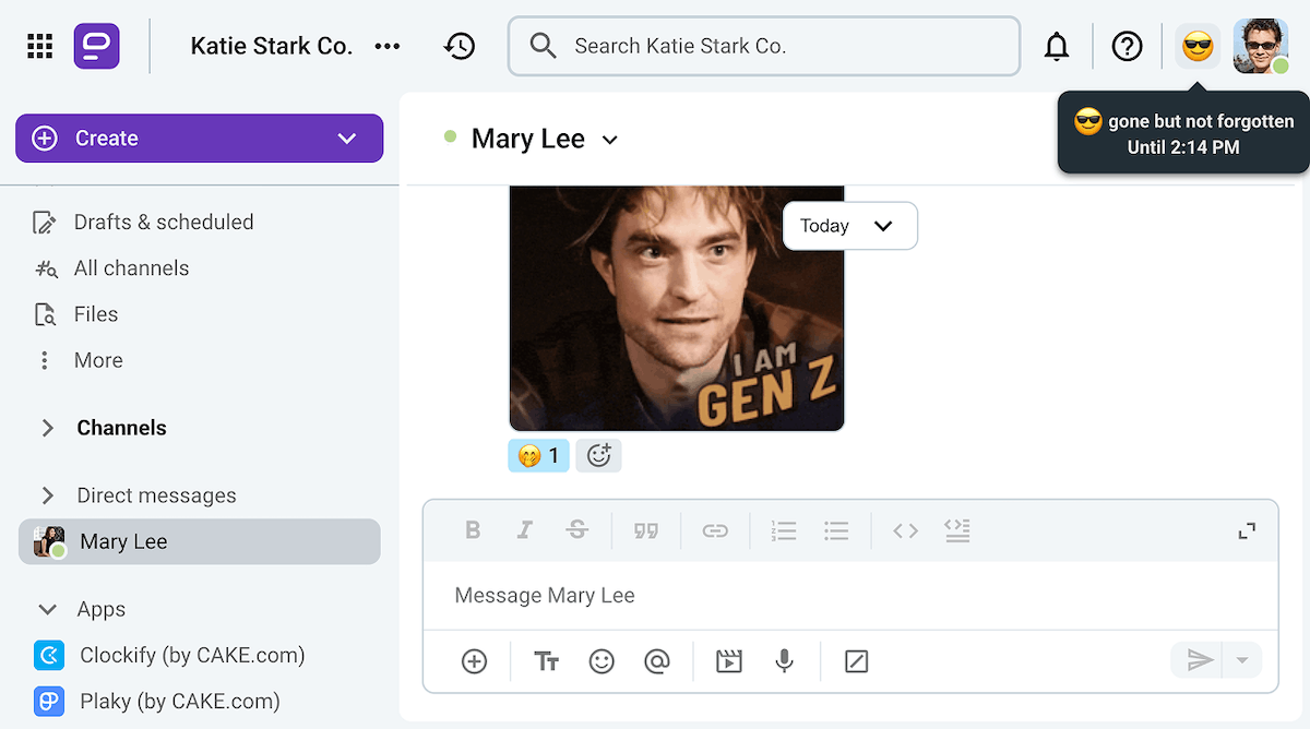 Gen Z workers can use GIFgifs and emojis to let their personality shine through in Pumble