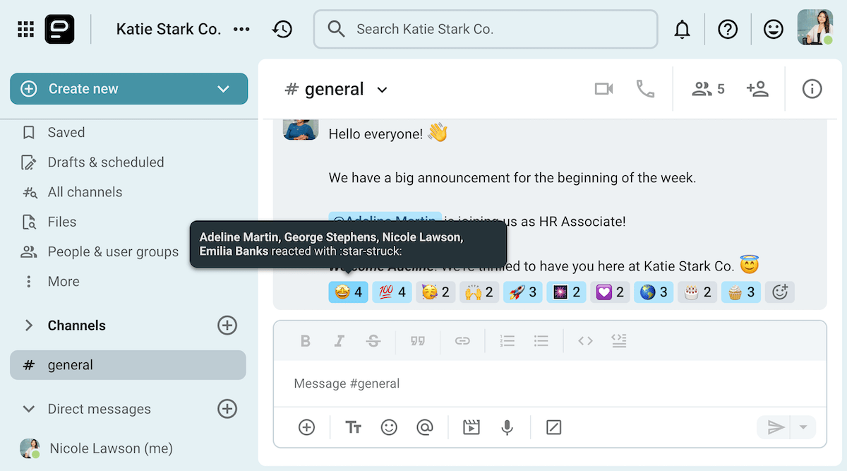 Hovering over an emoji reaction in Pumble, the team communication app, shows who’s used it