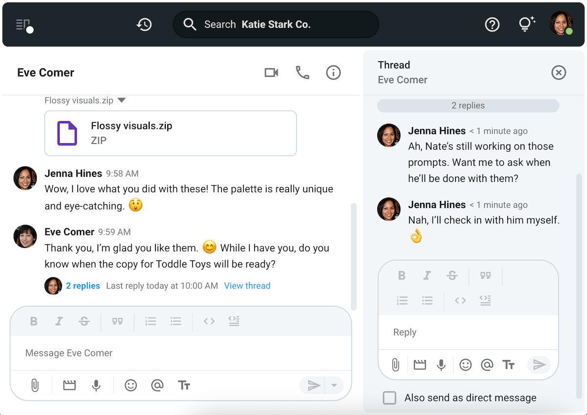 Open communication in a direct message exchange on Pumble, a team collaboration app