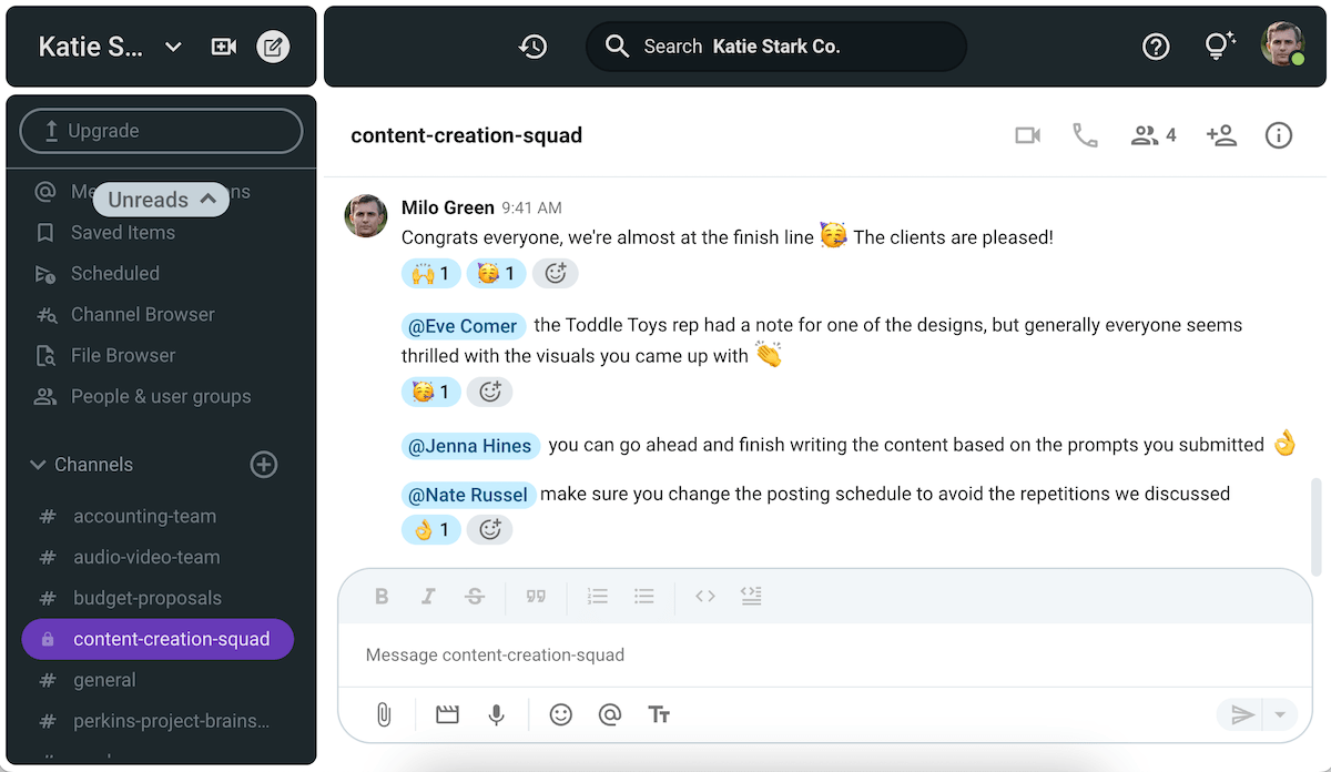 Team members acknowledge the group’s success using emoji reactions on Pumble, a team collaboration app