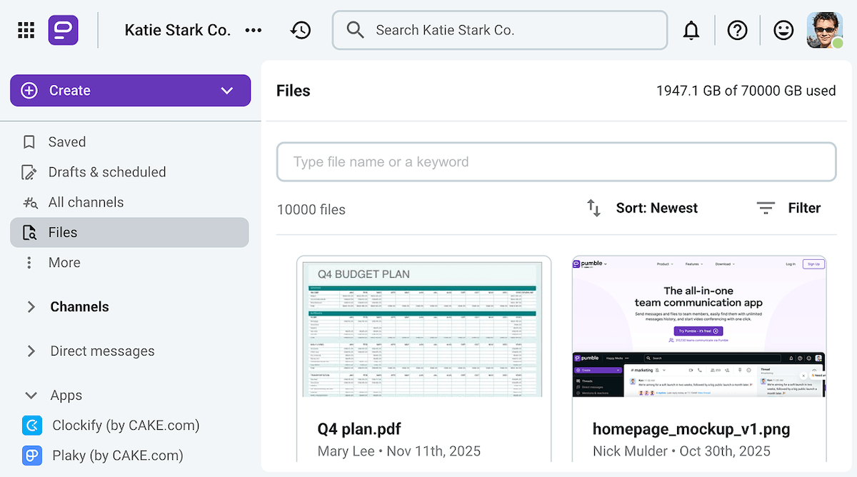 The business messaging app, Pumble, lets you see new messages and important files at a glance