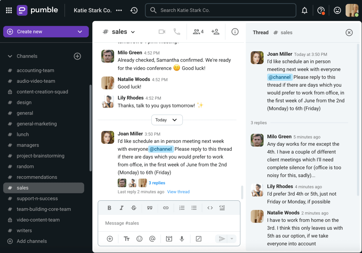 Uso de hilos en Pumble, una aplicación de comunicación en equipo