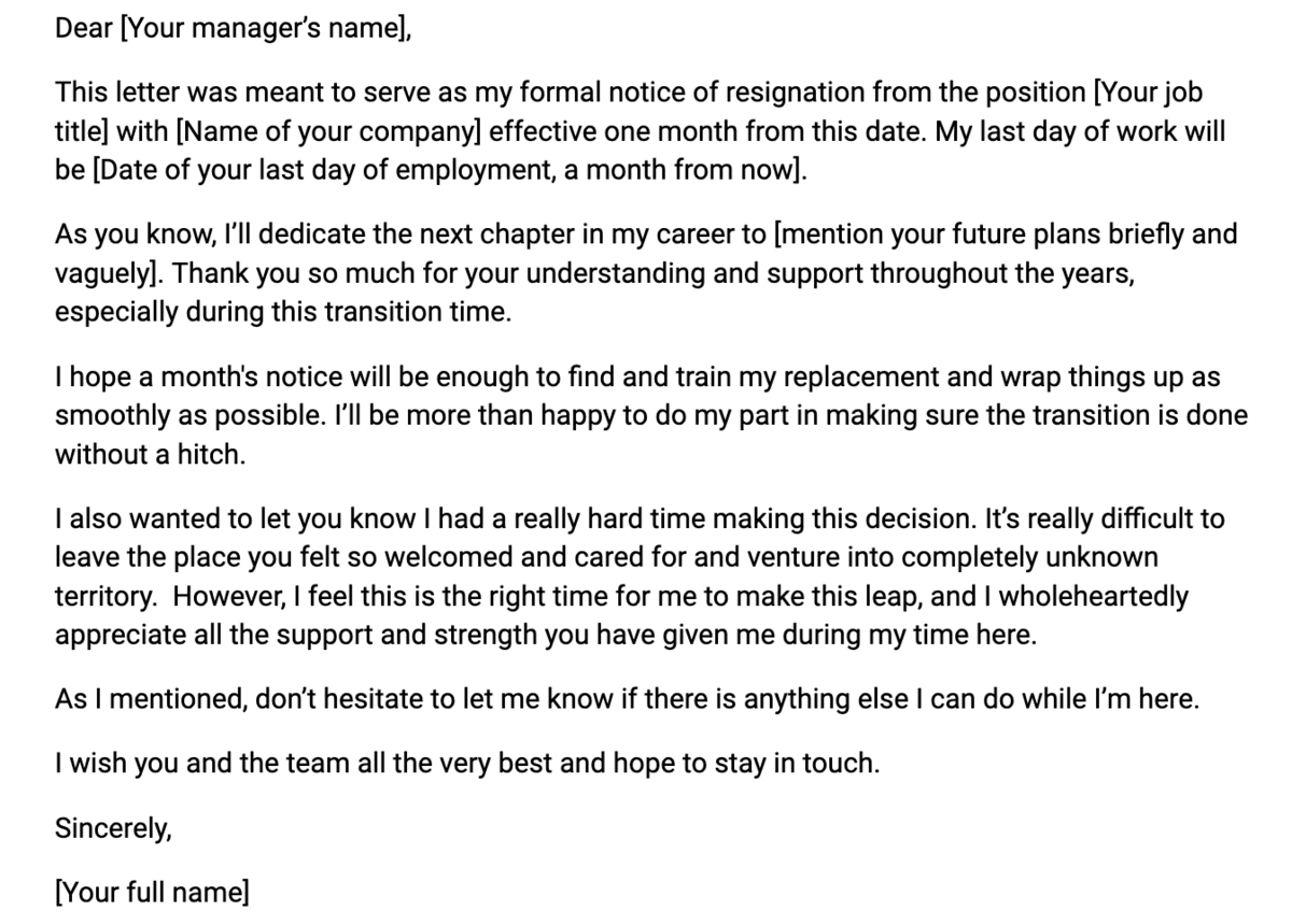 An example of a 1-month resignation letter template