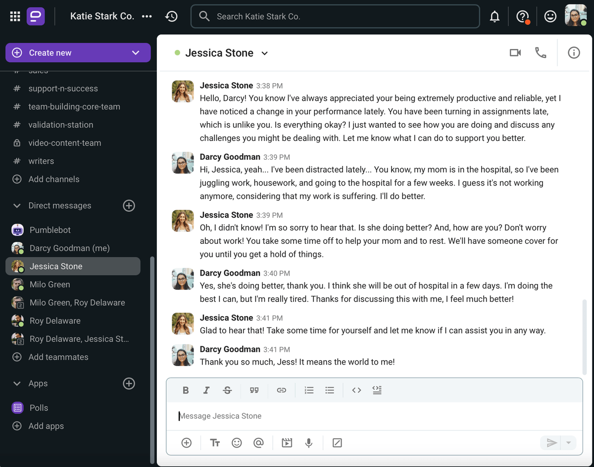 An example of open communication and empathy in Pumble, a team messaging app
