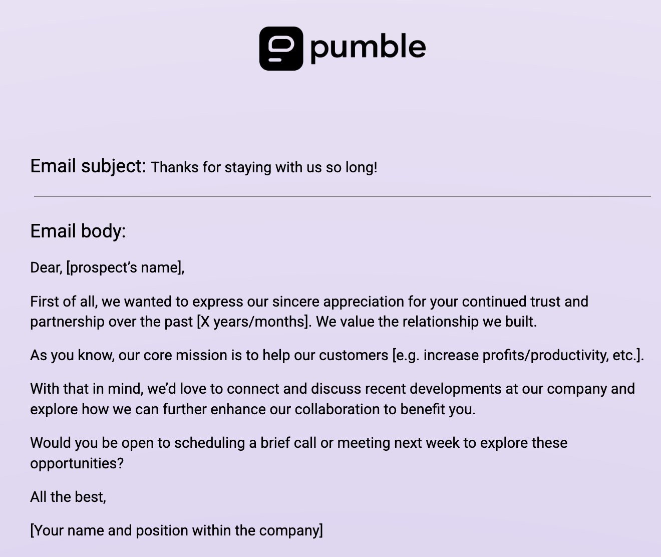 An example of a Sales email based on re-engaging with an existing customer template