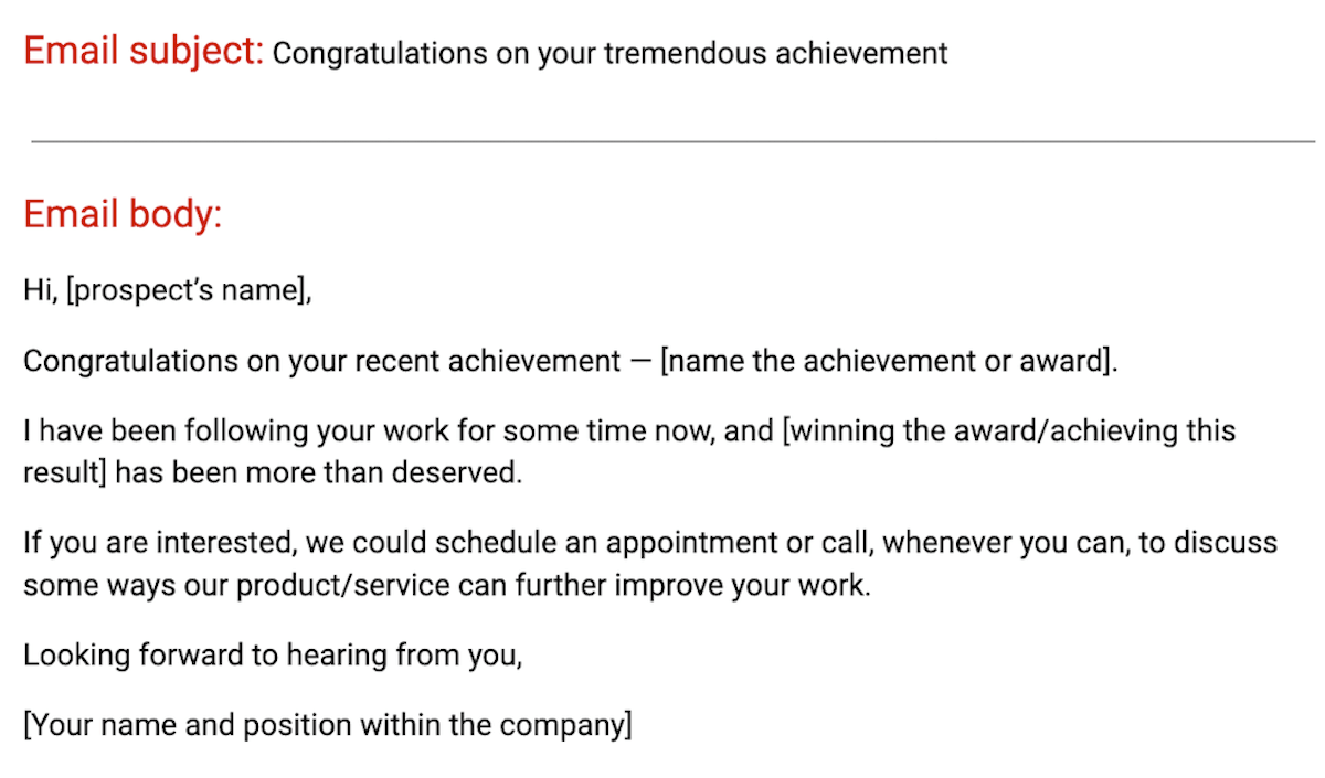 An example of a congratulatory sales email template 