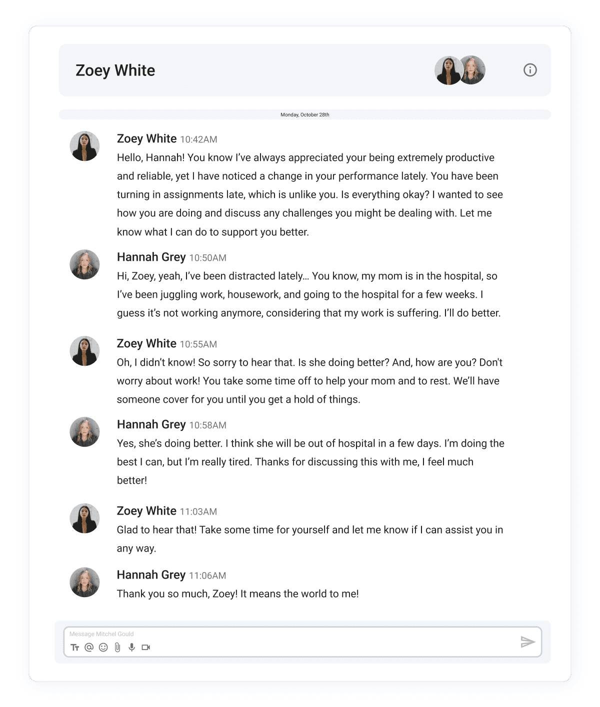 Example of open communication and empathy in Pumble, a team messaging app