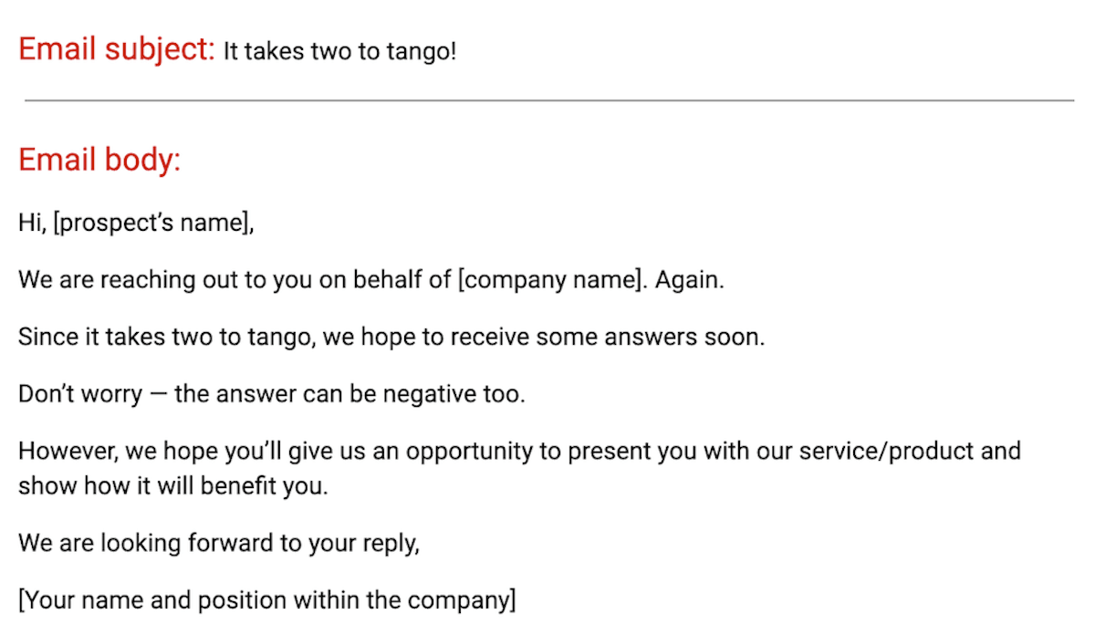 An example of a follow-up after a follow-up email template