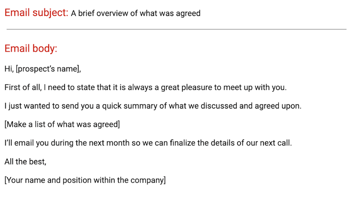 An example of a follow-up sales email after the meeting or a call template