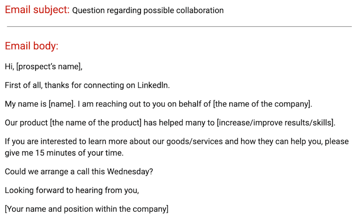 An example of a New LinkedIn connection sales email template