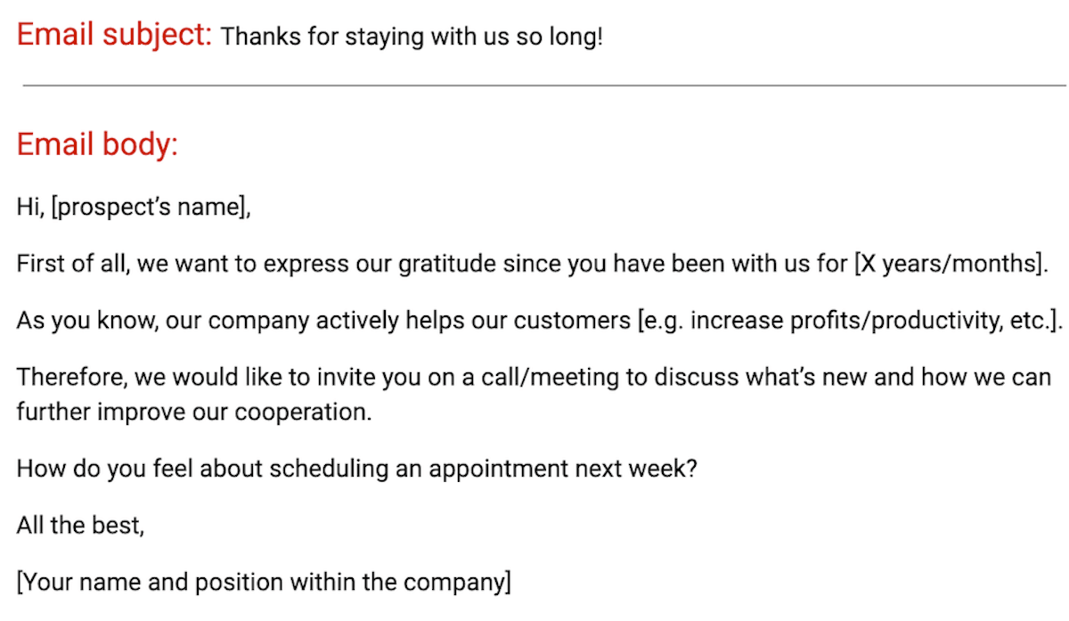 An example of a sales email based on re-engaging with an existing customer template