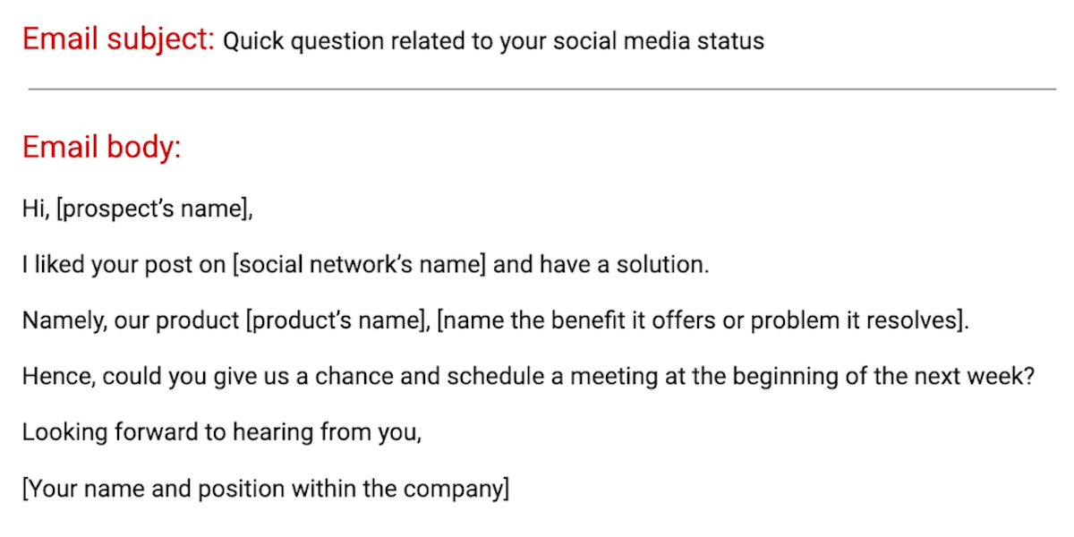 An example of social media post-inspired sales email template 