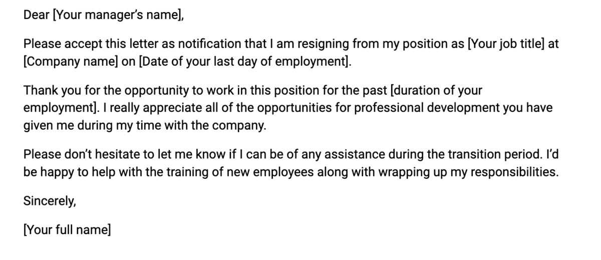 An example of a basic resignation letter template 
