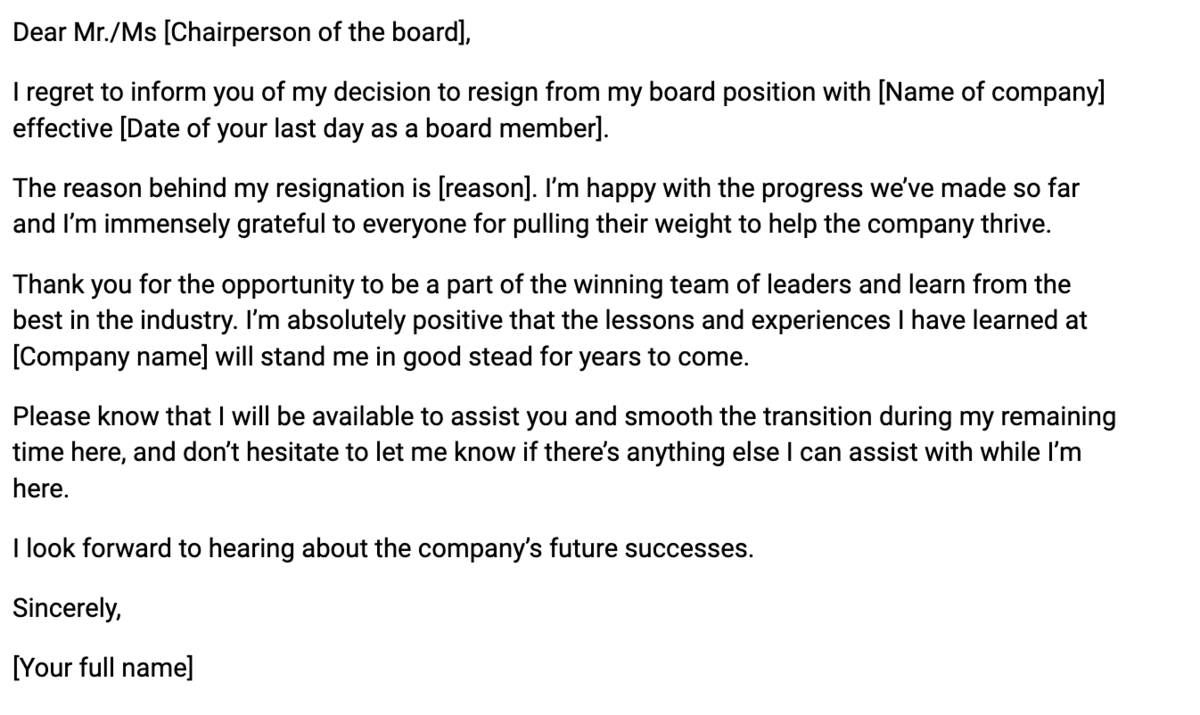 An example of a board resignation letter template  