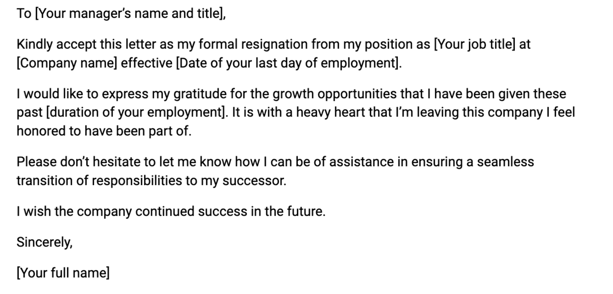 An example of a formal resignation letter template 