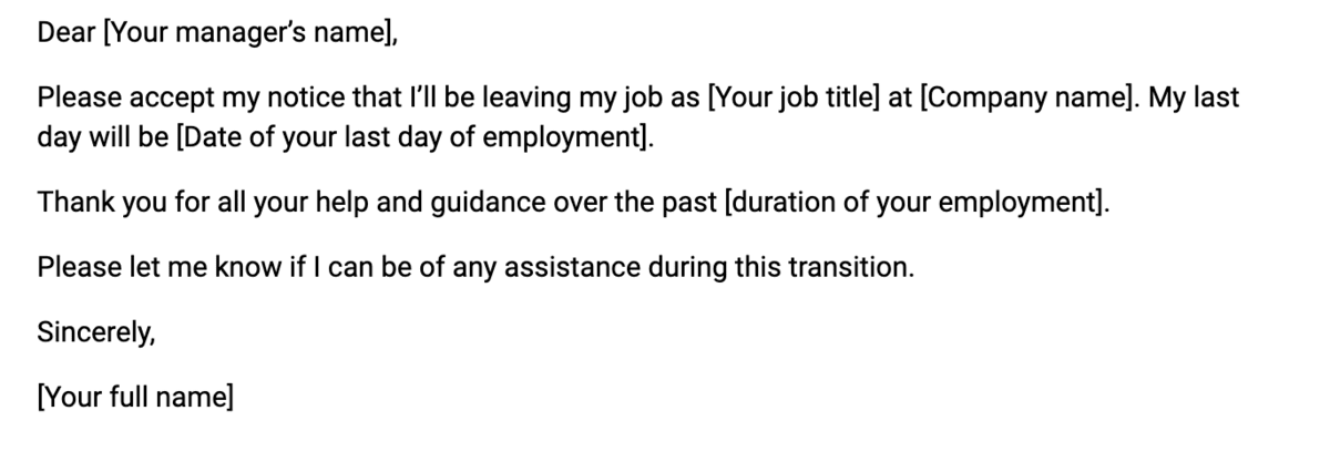 An example of a generic resignation letter template 