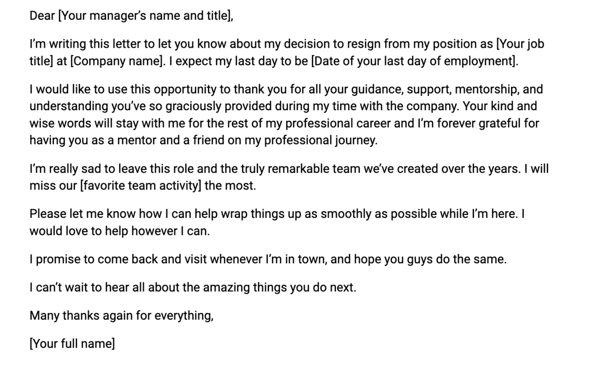 An example of a heartfelt resignation letter template  