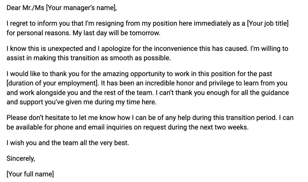 An example of an immediate resignation letter template 