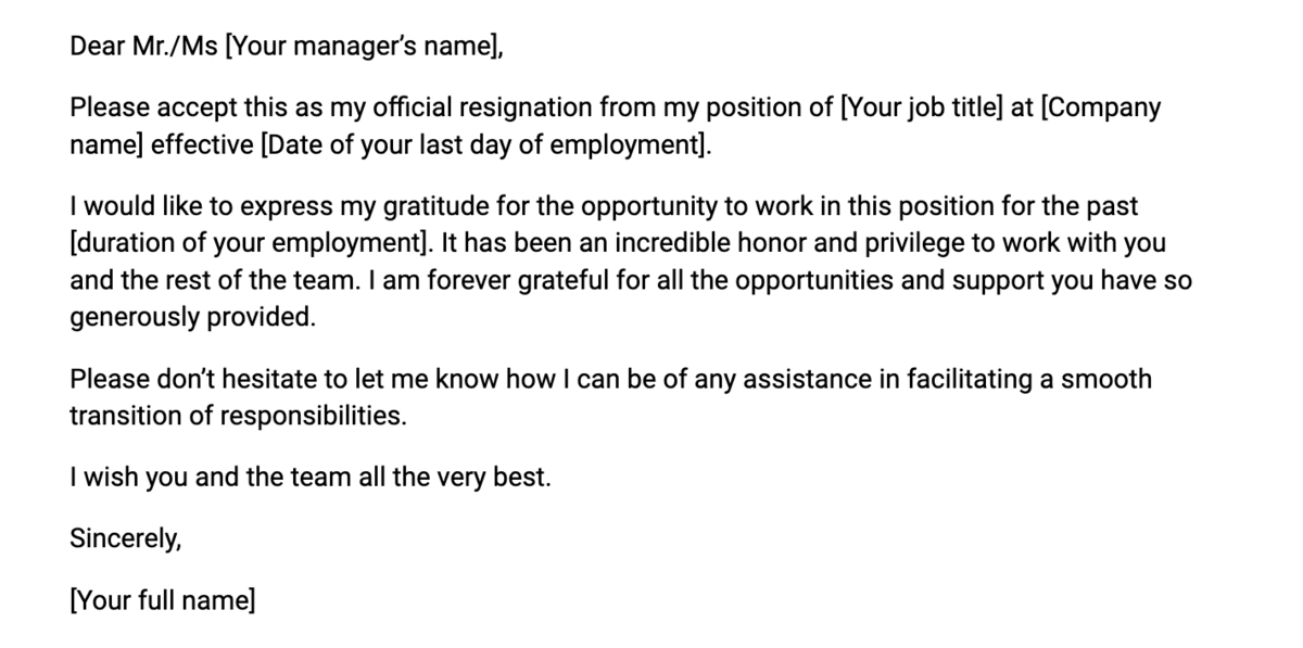 An example of an official resignation letter template 
