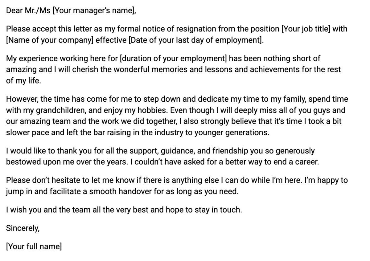 An example of a retirement resignation letter template