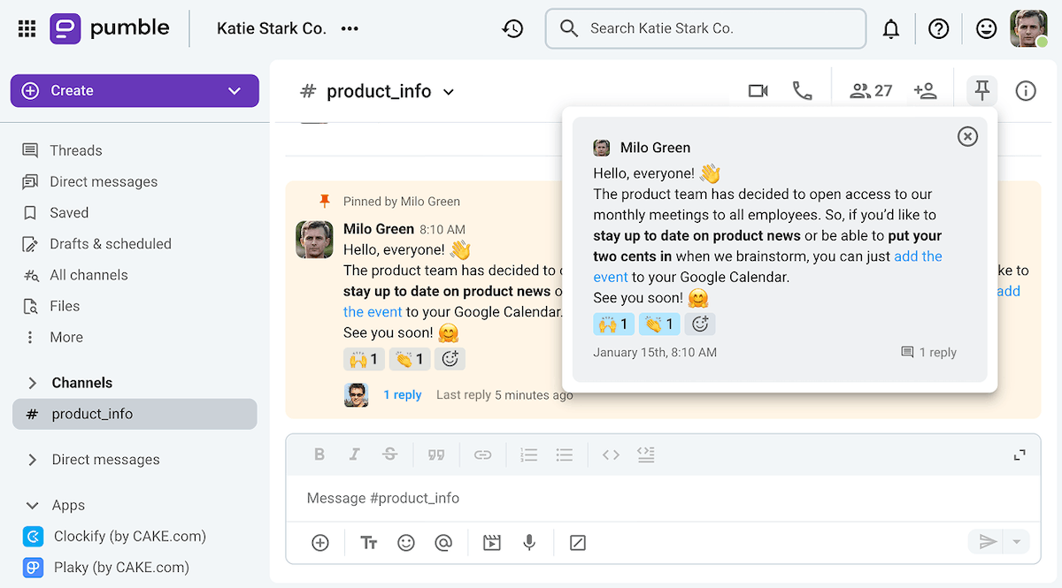 A pinned message on Pumble, the business messaging app