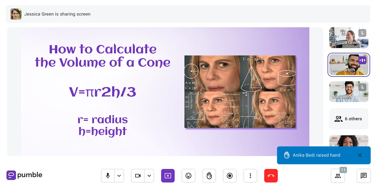 A student raises her hand in a virtual classroom on Pumble, the team communication app