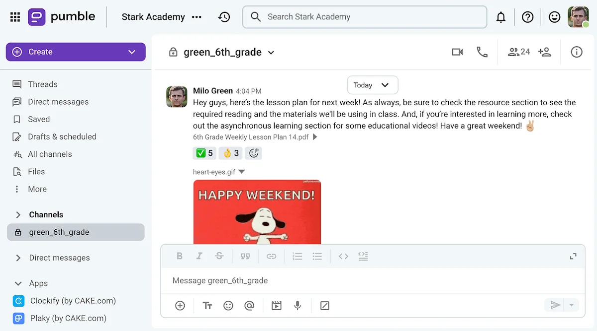 A teacher shares his weekly lesson plan with students on Pumble, a team communication app