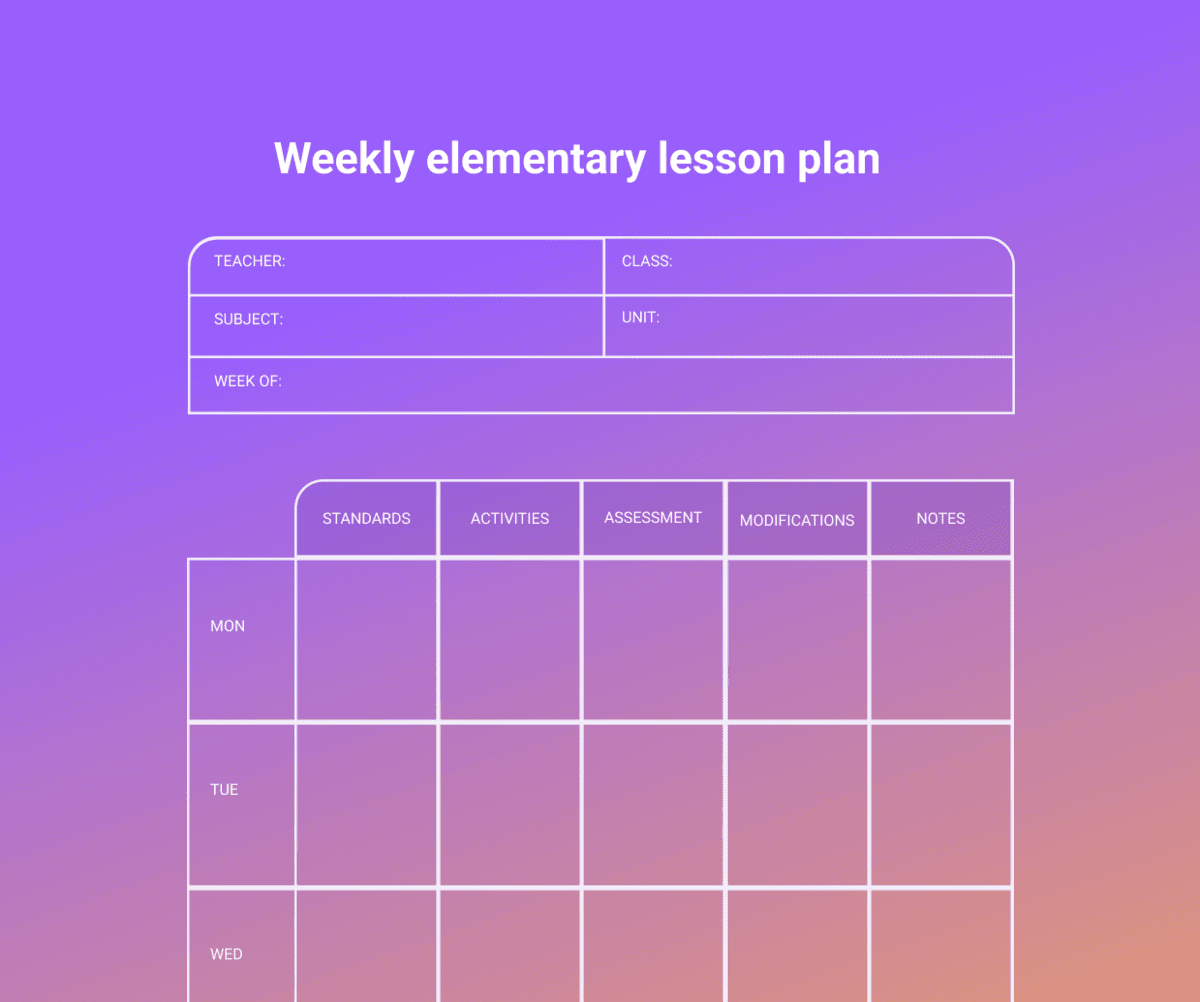 An example of a weekly elementary lesson plan template