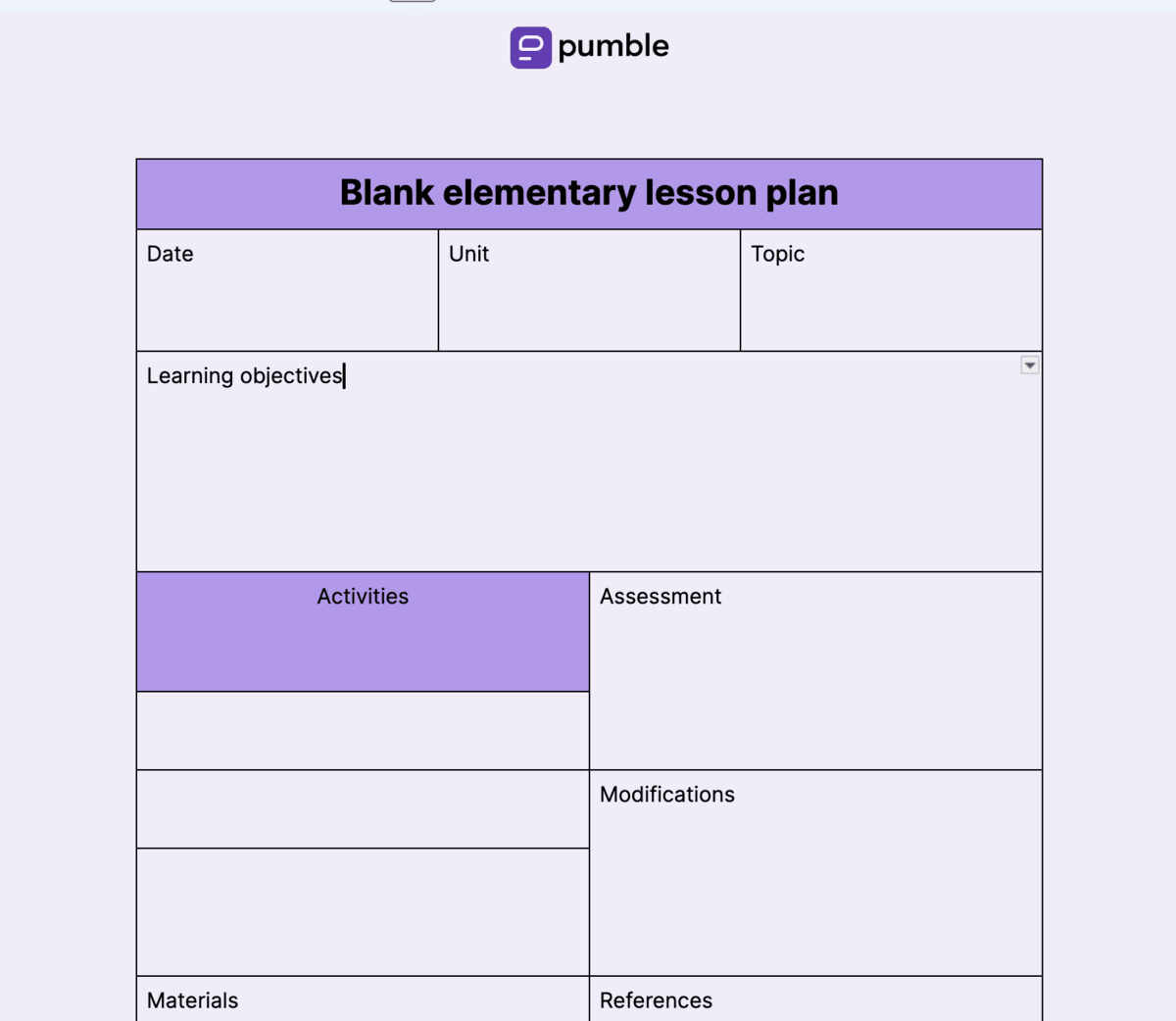 Blank elementary lesson plan template