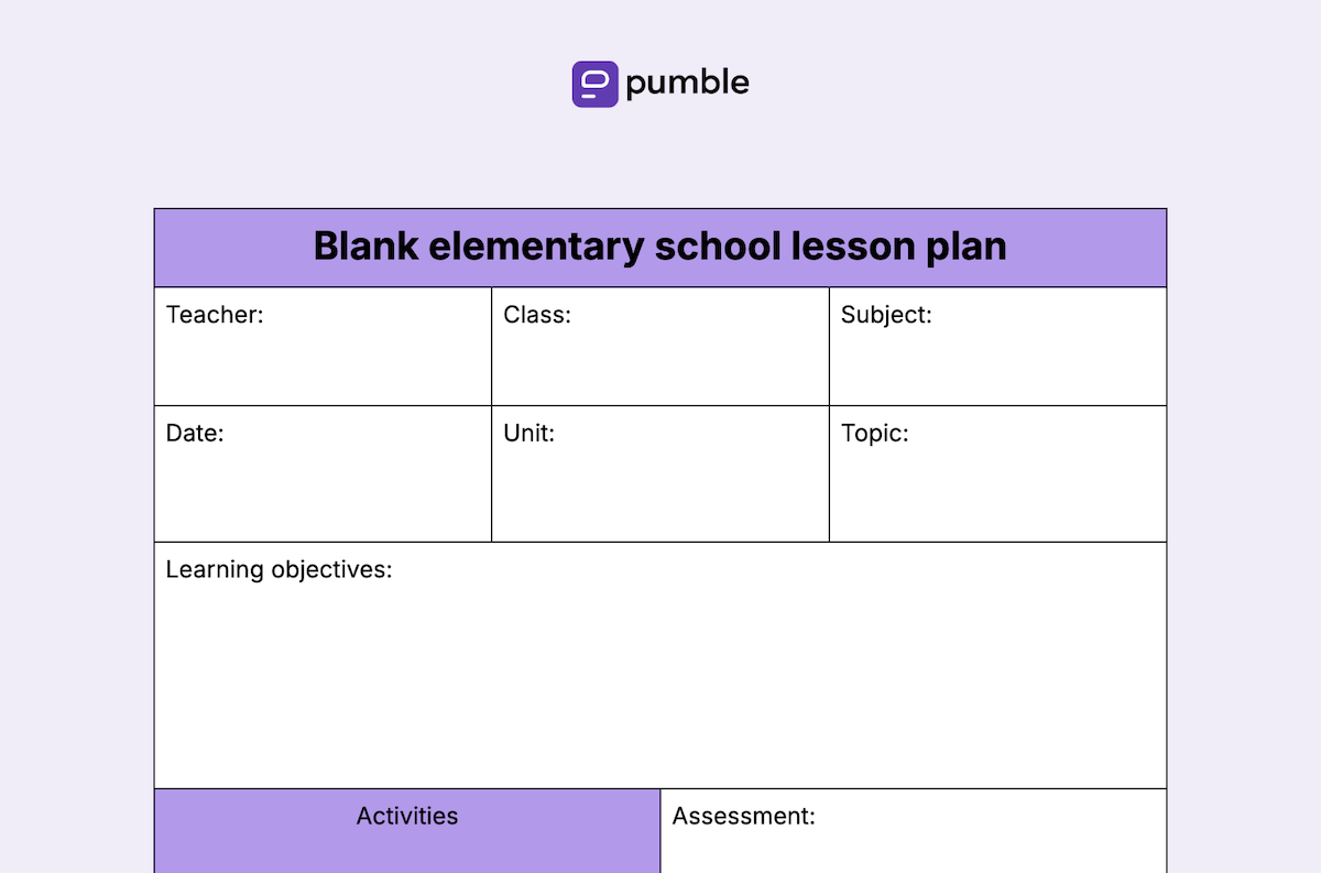 Blank elementary school lesson plan template