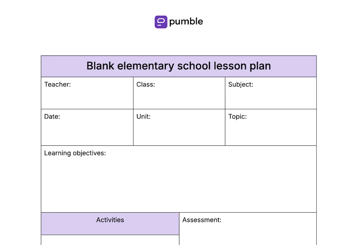 Blank elementary school lesson plan template