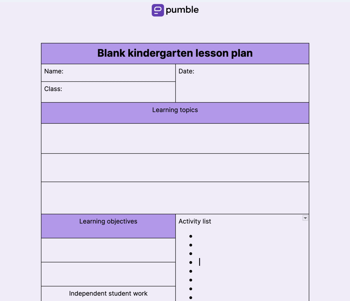 Blank kindergarten lesson plan template