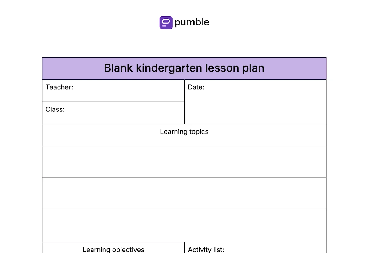 Blank kindergarten lesson plan template