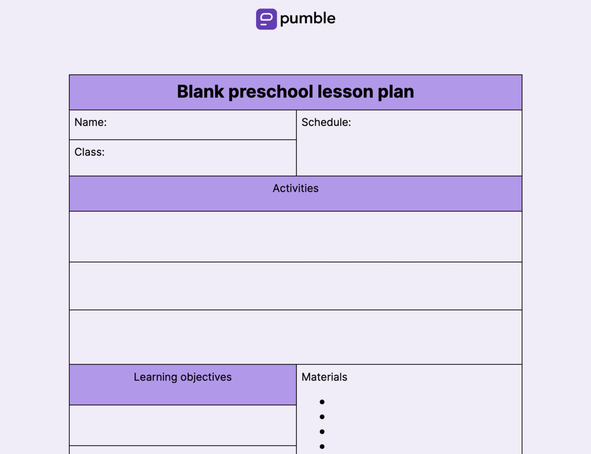 Blank preschool lesson plan template