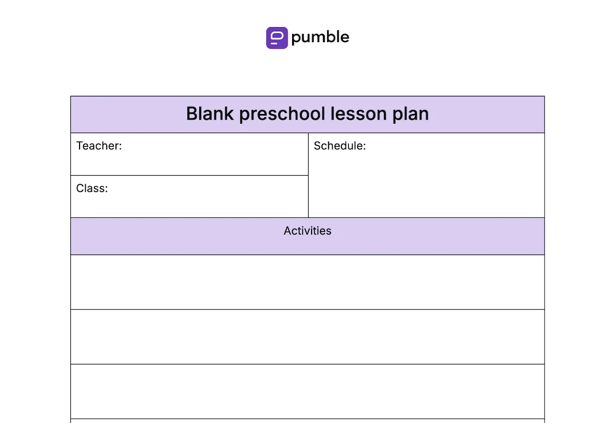 Blank preschool lesson plan template