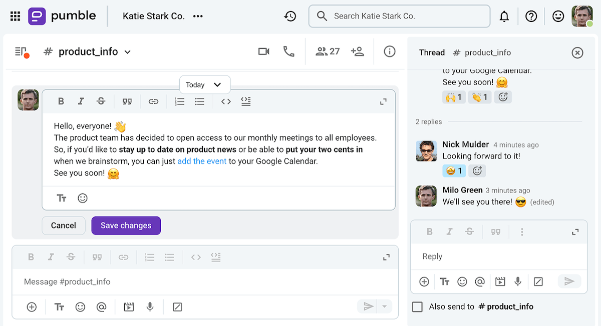 Editing a message on Pumble, the business messaging app